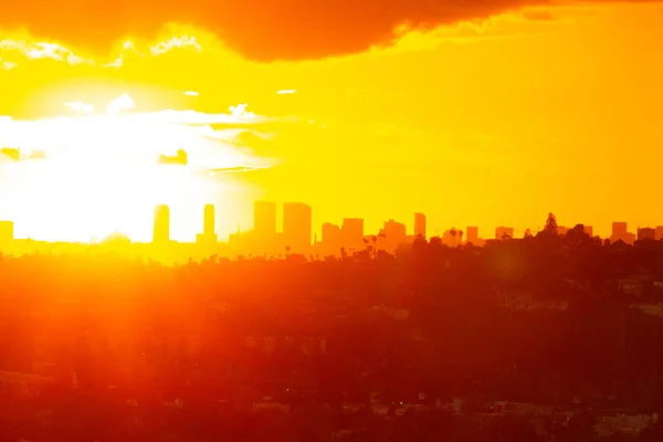 Downtown La en palmbomen, gesilhouetteerd tegen de felle rode, gele en oranje zonsondergang — Stockfoto