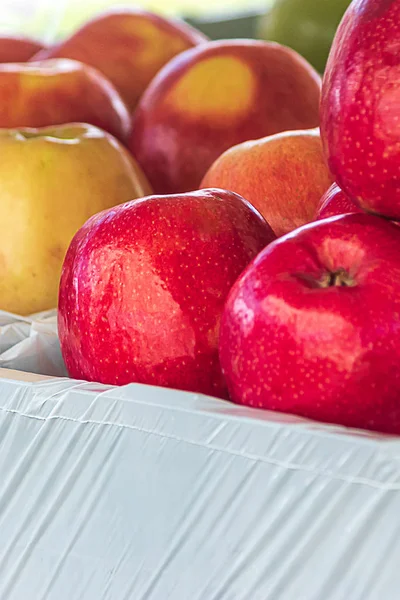Manzanas apiladas frescas y listas para vender en el mercado — Foto de Stock