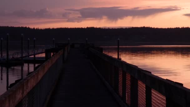 Long pier leading out above the water at sunset — Stock Video