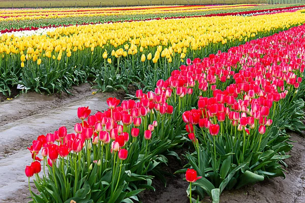 Rayures de rangées de tulipes en rose jaune blanc et rouge — Photo