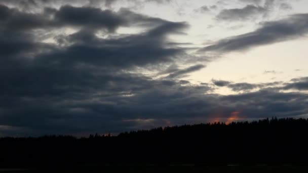 Sunset seen through heavy storm clouds over dark forest in summer — ストック動画