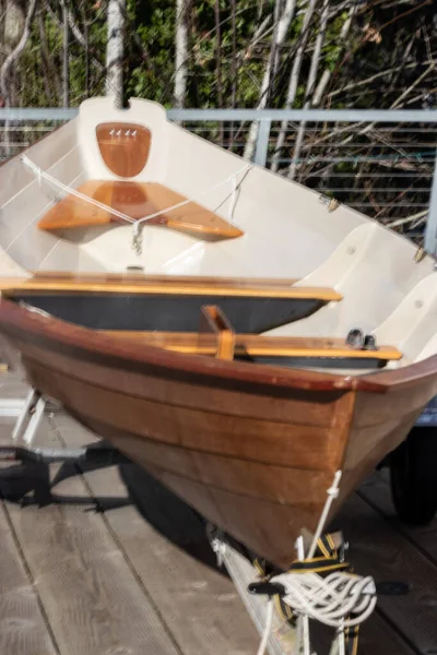 a brand new boat on display out of the water