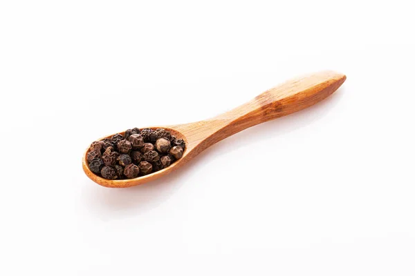 Black Pepper Peas Wooden Spoon Scattered Isolated White Background — Stock Photo, Image