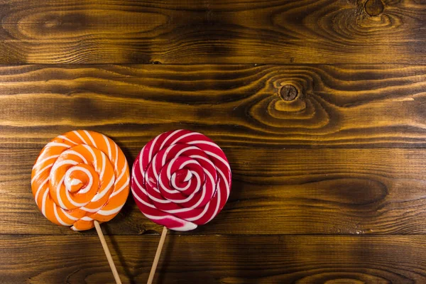 Sweet Lollipops Rustic Wooden Background Top View — Stock Photo, Image