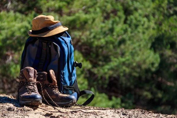 Tourist Backpack Hiking Boots Hat Glade Pine Forest Hike Concept — Stock Photo, Image