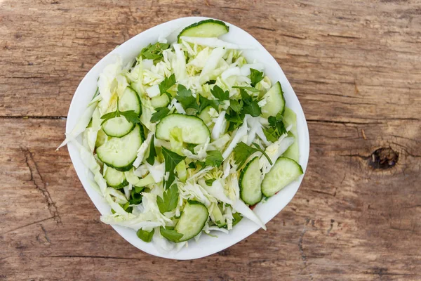 Spring Vegan Salad Cabbage Cucumber Green Onion Parsley Wooden Table — Stock Photo, Image