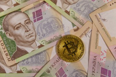 Beş yüz Ukraynalı hryvnia faturaları zemin üzerine altın bitcoin