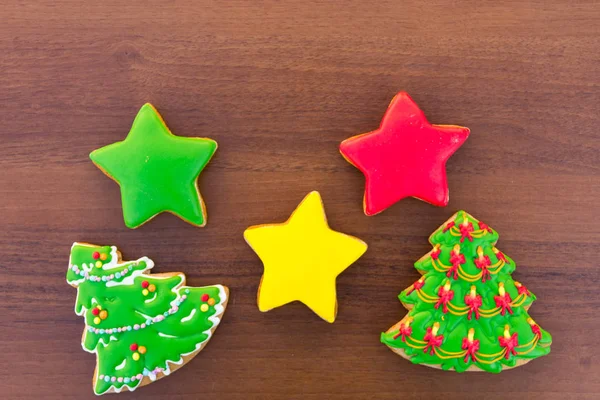 Festliche Weihnachtsplätzchen Form Von Weihnachtsbaum Und Sternen Leckere Lebkuchen Auf — Stockfoto