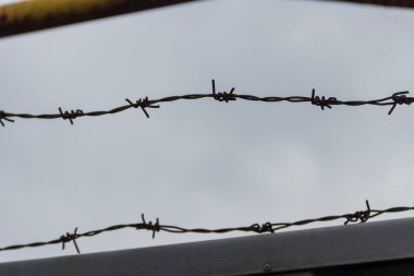 Dikenli tel bulutlu gökyüzü karşı Close-Up