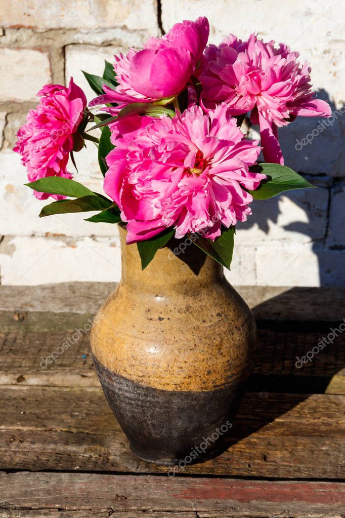 Bouquet of pink peony flowers in clay jug on rustic wooden table