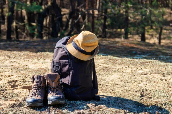 Turistryggsäck Vandringskängor Och Mössa Gläntan Tallskogen Vandringskoncept — Stockfoto