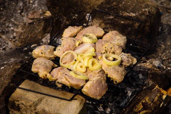 グリル屋外でスパイス生ポーク肉 魚のケバブの準備 炭火焼肉 — ストック写真