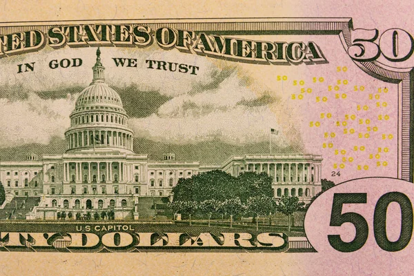 Makro ujęcie banknotu 50 dolarów amerykańskich — Zdjęcie stockowe
