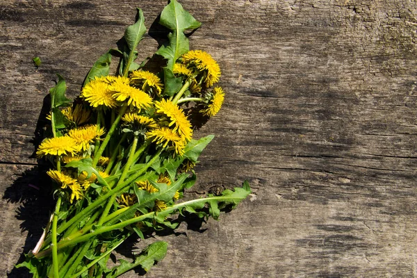 Yellow dandelion flowers on rustic wooden background. Top view — Stock Photo, Image