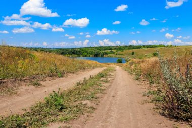 Göle ve mavi gökyüzüne toprak yol ile Yaz manzara