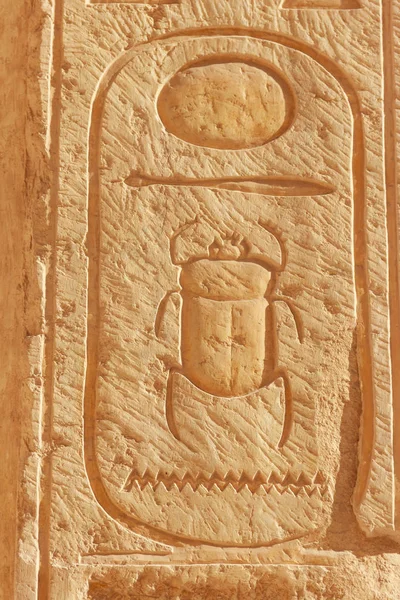 Scarab hieroglify rzeźba na ścianie w świątyni królowej Hatshepsut w Luksor, Egipt — Zdjęcie stockowe