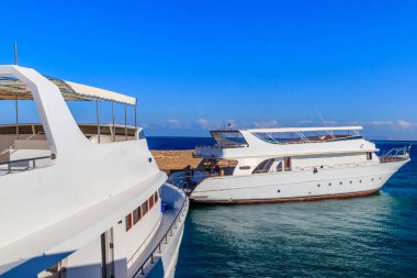 Hurghada, Mısır 'daki iskeleye demirlemiş beyaz yatlar.
