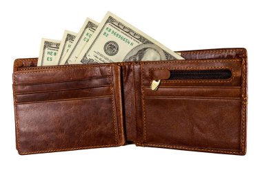 Beyaz arka plan üzerinde izole amerikan doları ile Kahverengi cüzdan