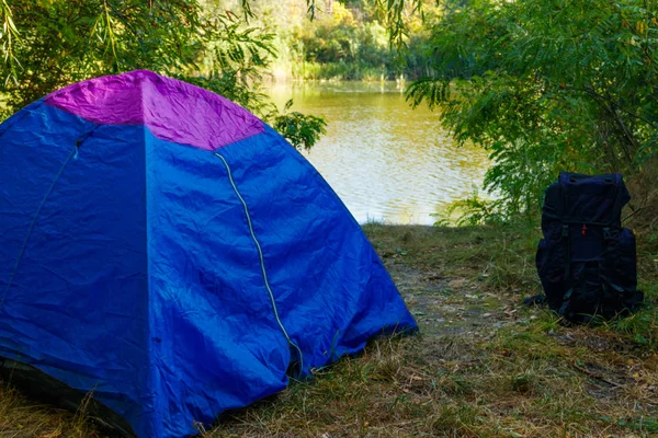 Blaues Zelt und Rucksack im Wald in der Nähe eines Flusses — Stockfoto