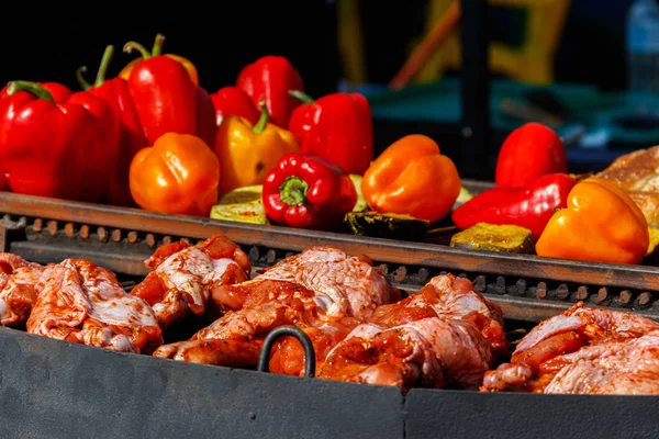 Carne y verduras cocinando a la parrilla —  Fotos de Stock