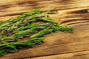 Ahşap bir masada taze biberiye otlar