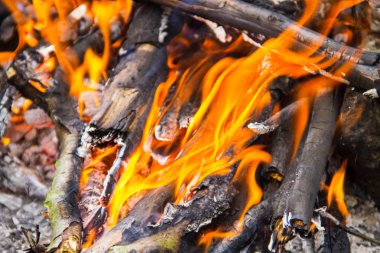 Şenlik ateşi alevi. Yakacak odun yanan şömine portre