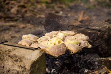 Baharatlı çiğ domuz eti. Şiş kebap hazırlığı. Kömürde marine edilmiş et.