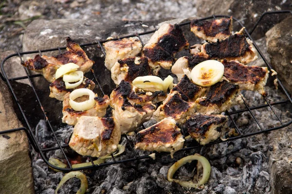 Viande de porc rôtie sur le gril. Viande sur les charbons, barbecue à proximité — Photo