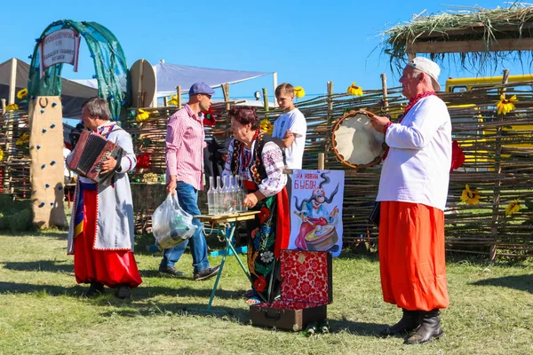 Volksmusiker in traditioneller ukrainischer Kleidung treten während des Ethno-Rock-Festivals Kozak fest auf — Stockfoto