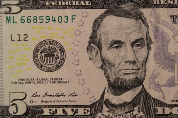 Macro shot della banconota da cinque dollari — Foto Stock
