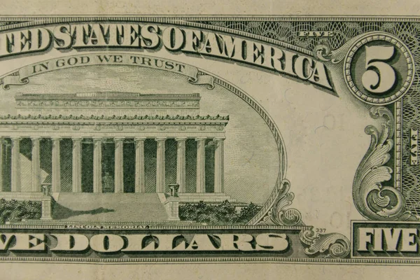 Μακροσκοπική λήψη του τραπεζογραμματίου των πέντε δολαρίων — Φωτογραφία Αρχείου