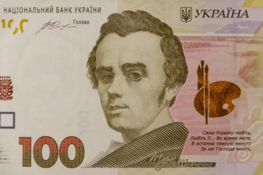Ukrayna para birimi. Yüz Grivnası banknot makro atış