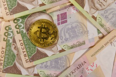 Beş yüz Ukraynalı hryvnia faturaları zemin üzerine altın bitcoin