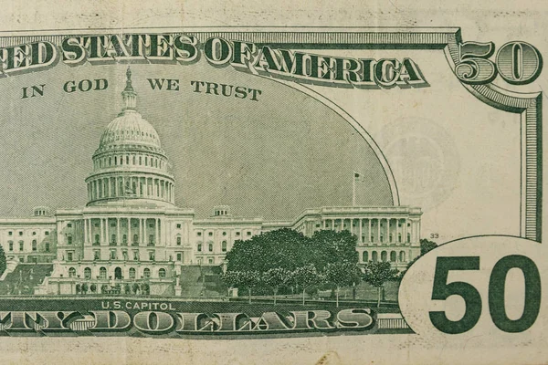 Macro shot of fifty american dollars bill — Stock Photo, Image