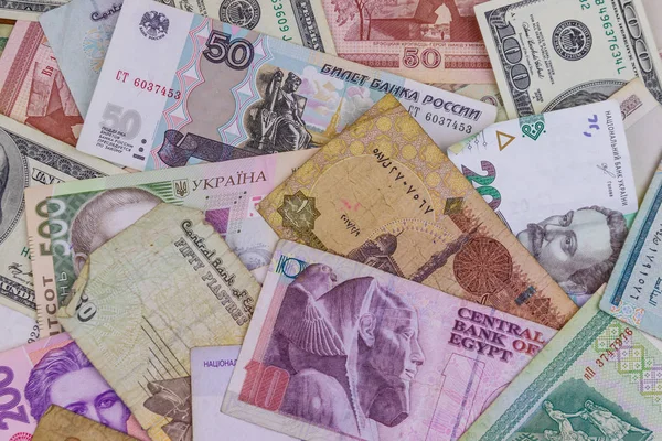 美元、俄罗斯卢布、白俄罗斯卢布、埃及镑和乌克兰格里夫尼亚的多货币背景 — 图库照片
