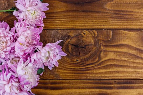 Hermosos crisantemos sobre fondo de madera. Vista superior, espacio de copia — Foto de Stock