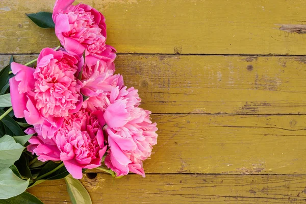 Flores de peonía rosa sobre fondo rústico de madera. Copiar espacio — Foto de Stock