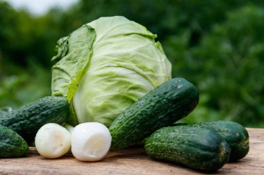 Rustik ahşap masa açık taze yeşil sebzeler