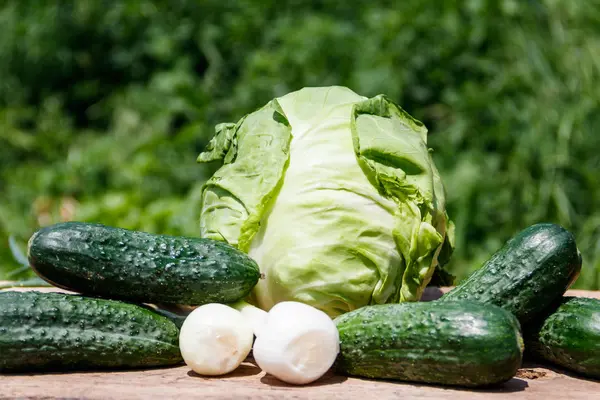 Färska gröna grönsaker på rustikt träbord utomhus — Stockfoto