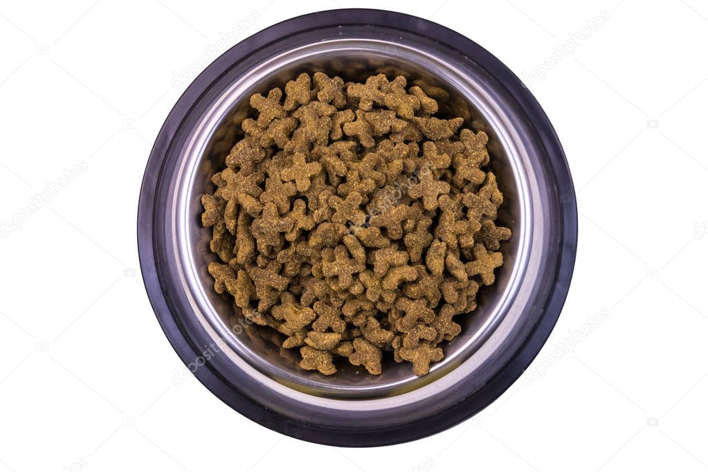 Dry cat food in a bowl. Pet food isolated on white background. Top view