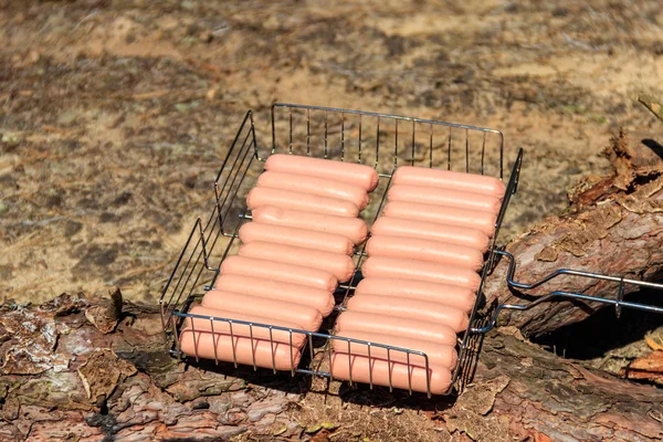 Saucisses au barbecue près du feu de camp prêtes à être grillées — Photo