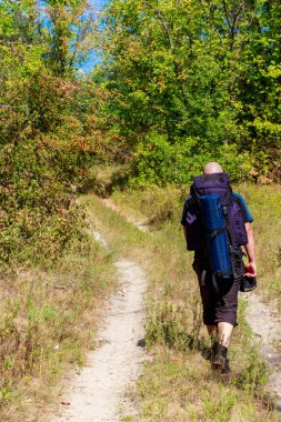 Yeşil ormanda toprak yolda backpacker yürüyüş. Arka görüş