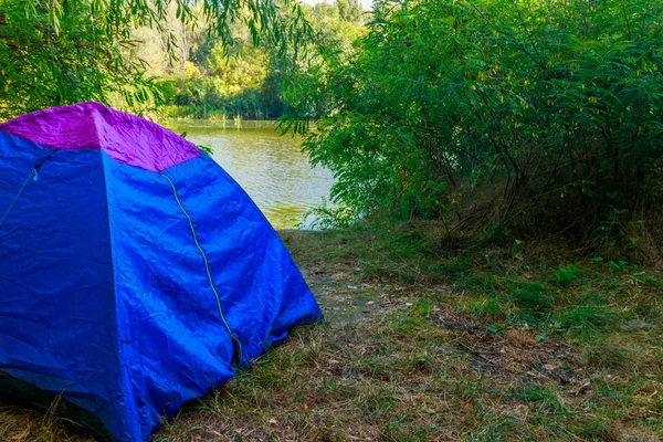 Modrý kemp v lese u řeky — Stock fotografie