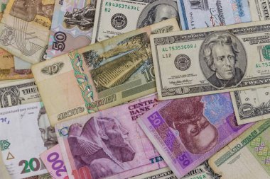 ABD dolarları, Rus rublesi, Beyaz Rusya rublesi, Mısır sterlini ve Ukrayna hrivniası