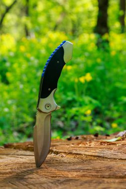 Yeşil ormanda tahta bir kütüğe saplanmış katlanır bıçak.