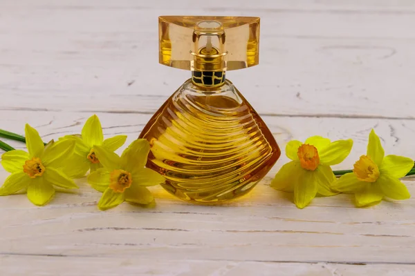 Women perfume with yellow daffodil flowers on white wooden background