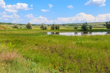 Yaz, yatay, küçük nehir ve mavi bulutlu gökyüzü