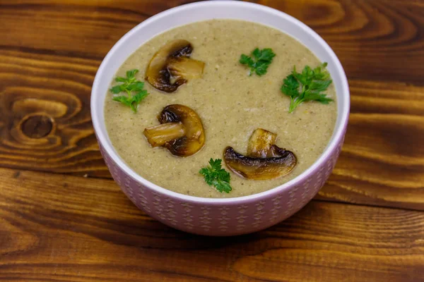 Mushroom cream soup on a wooden table — Stock Image Mushroom Cream Soup Wooden Table Stock Image