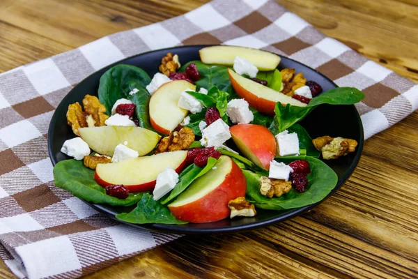 Autumn Spinach Salad Apple Feta Cheese Walnut Dried Cranberry Wooden — Stock Photo, Image