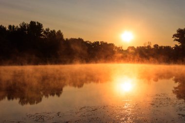 Gün doğumunda sisli nehir manzarası. Sabaha karşı sisli